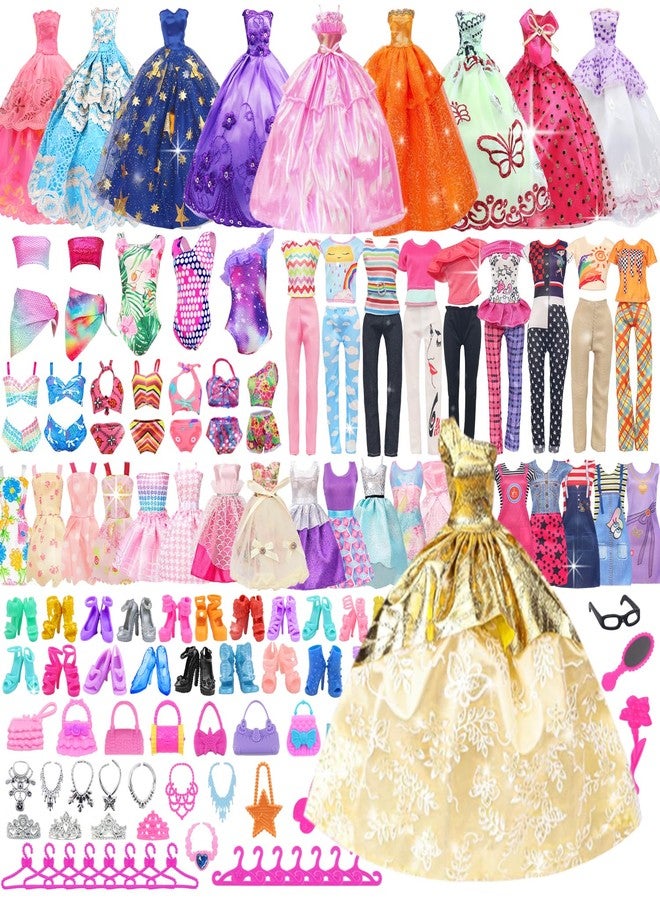 UNICORN ELEMENT 100 Pcs Doll Clothes and Accessories - 5 Wedding Gowns 10 Slip Dresses 2 Fashion Dresses 2 Tops 2 Pants 2 Bikini Swimsuits 10 Shoes and Accessories for 11.5 inch Dolls,Doll Dress up Toys for Girl Gift - Image 1